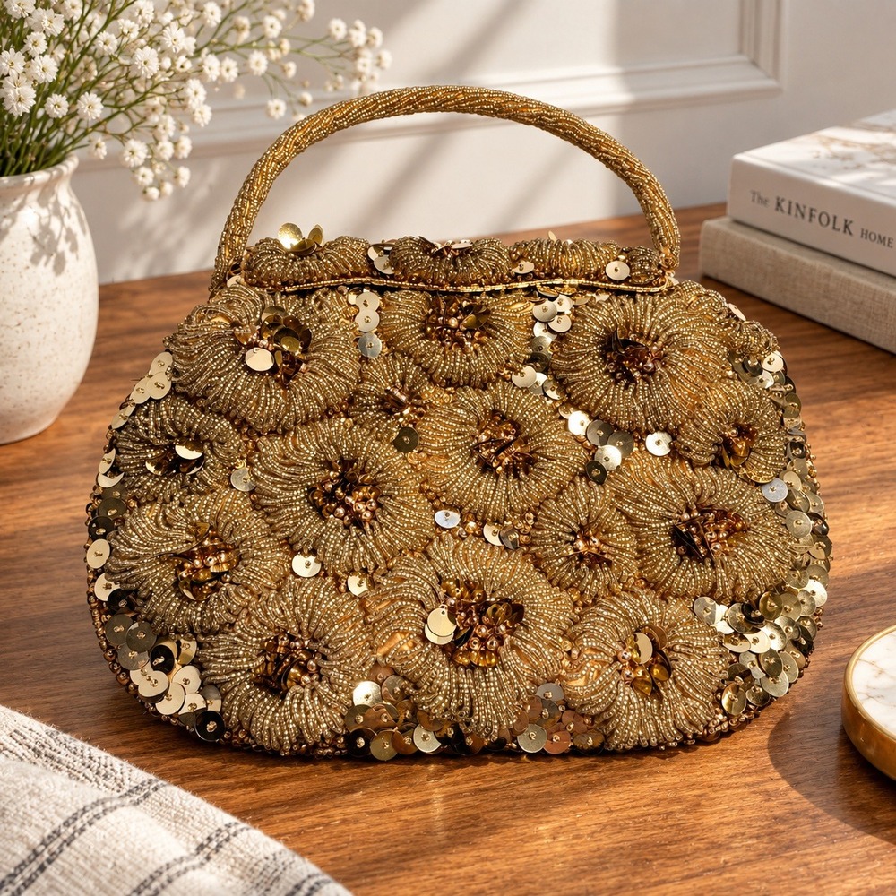 Elsie Tu Vintage Gold Hand Beaded Sequin Floral Evening Cocktail Bag Handbag 60s